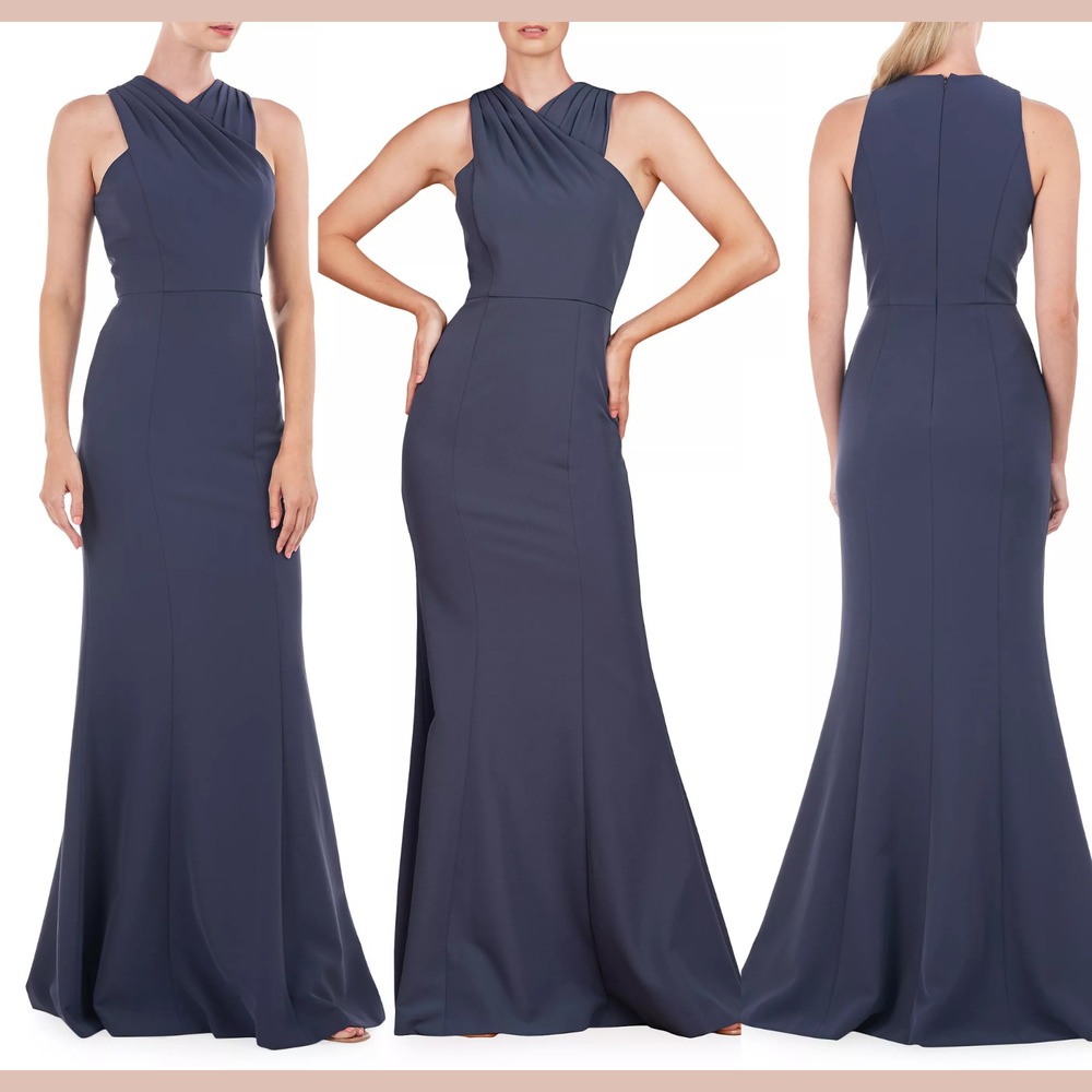 NWT $298 KAY UNGER [ 6 ] Talia Stretch‎ Crepe Column Gown Prussian Blue J1572